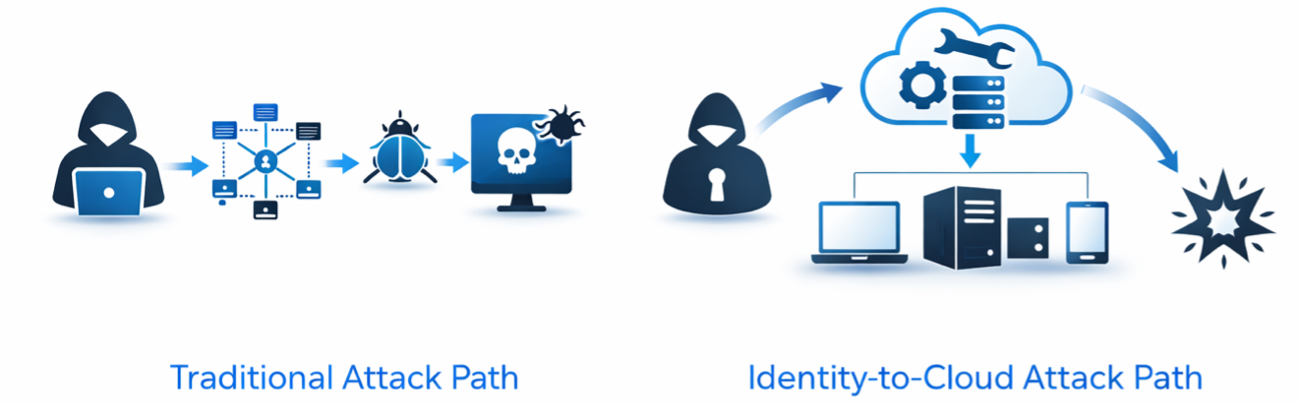 **Figure 1:** Comparison of two attack models. The traditional path (left) shows a stepwise progression from initial compromise through lateral movement to endpoint impact. The identity-to-cloud path (right) shows how compromising a privileged identity enables direct control of the management plane, allowing immediate, large-scale impact across multiple systems without lateral movement.