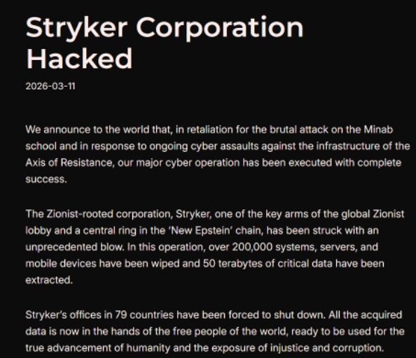 Handala group .onion leak site claiming responsibility for the Stryker breach